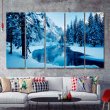 Lake Winter Forest W Trees 5 Pieces B Canvas Prints Wall Art - Painting Canvas, Multi Panels,5 Panel, Wall Decor