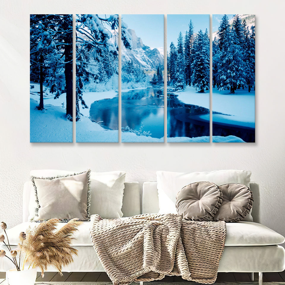 Lake Winter Forest W Trees 5 Pieces B Canvas Prints Wall Art - Painting Canvas, Multi Panels,5 Panel, Wall Decor