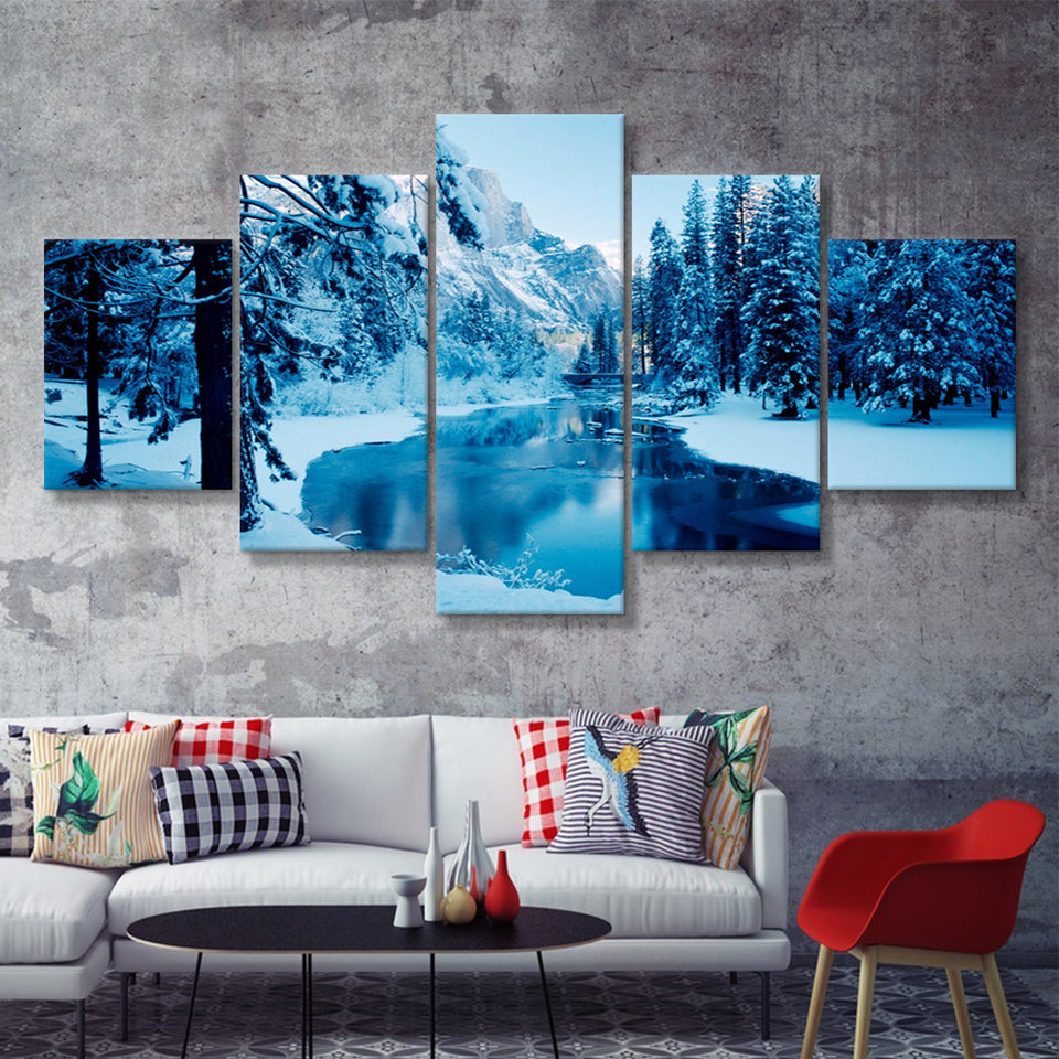 Lake Winter Forest W Trees  5 Pieces Canvas Prints Wall Art - Painting Canvas, Multi Panels, 5 Panel, Wall Decor