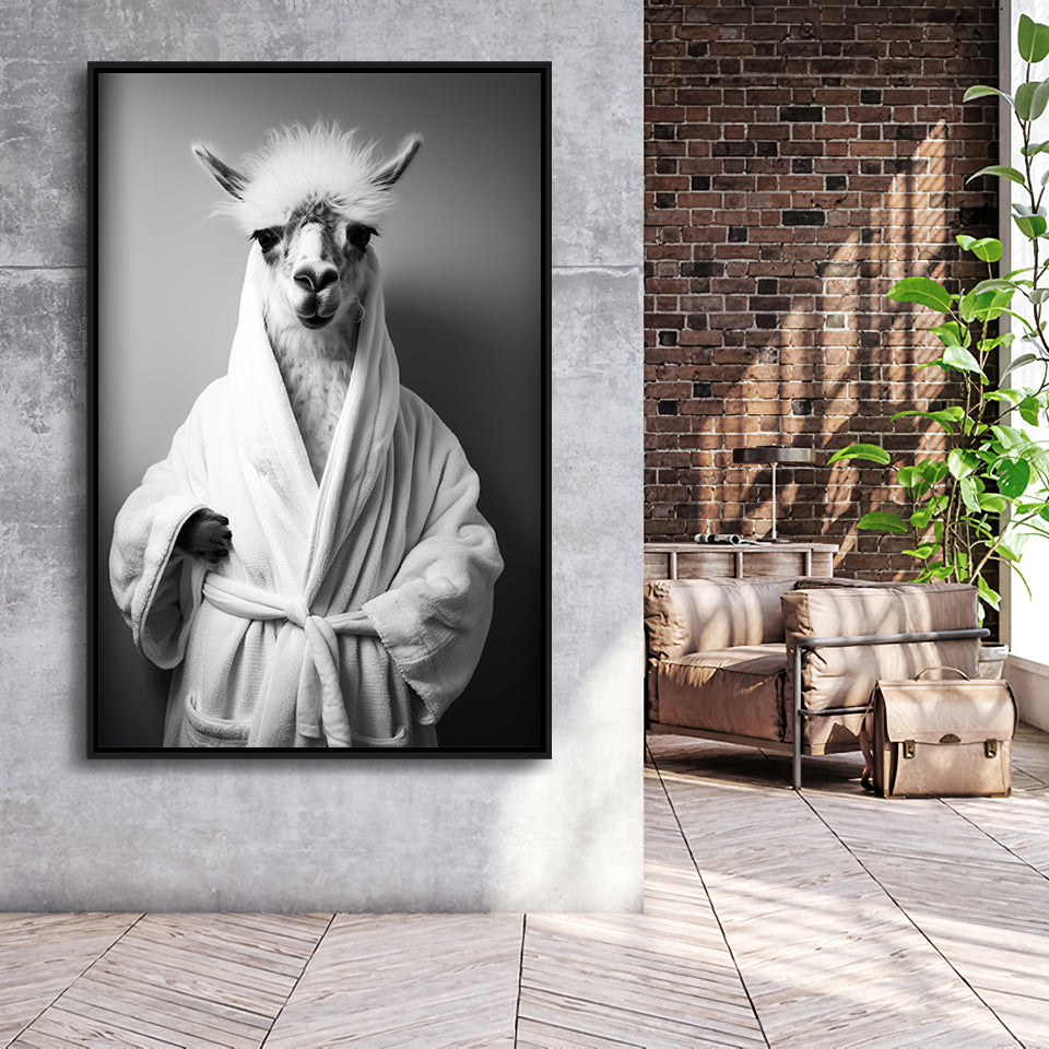 Lama Wearing Bathrobe In Bathroom Art Funny Llama V1,Framed Canvas Prints,Floating Frame, Wall Art Home Decor