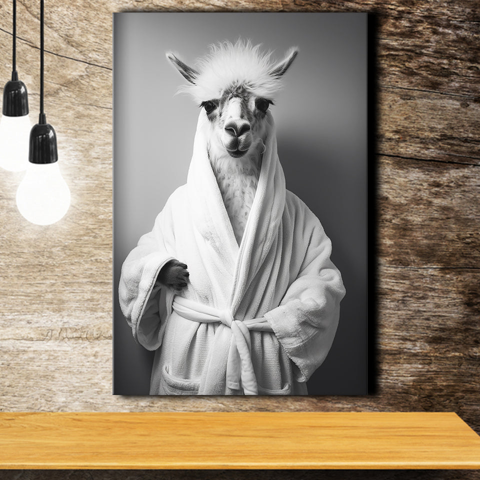 Lama Wearing Bathrobe In Bathroom Art Funny Llama V1, Painting Art, Canvas Prints Wall Art Home Decor