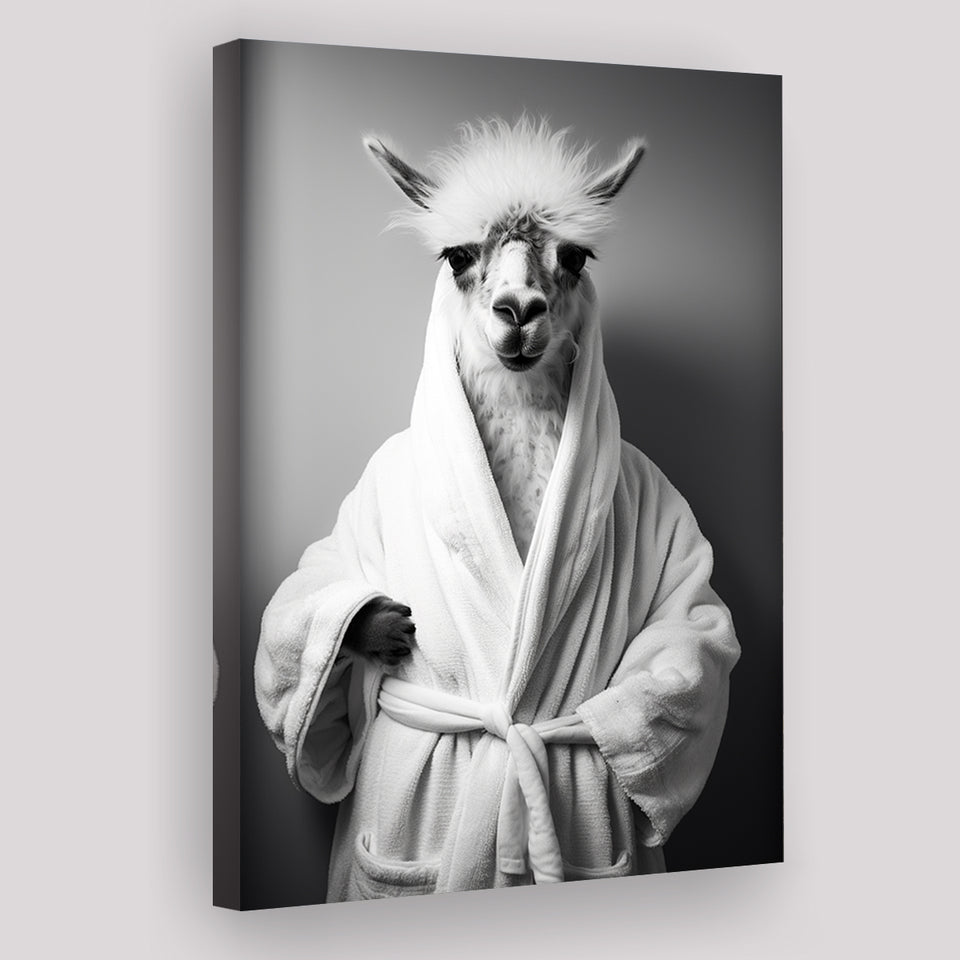 Lama Wearing Bathrobe In Bathroom Art Funny Llama V1, Painting Art, Canvas Prints Wall Art Home Decor