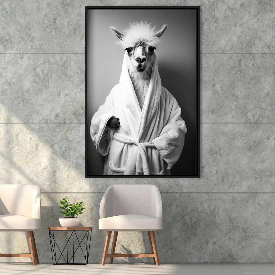 Lama Wearing Bathrobe In Bathroom Art Funny Llama V1,Framed Canvas Prints,Floating Frame, Wall Art Home Decor