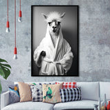 Lama Wearing Bathrobe In Bathroom Art Funny Llama V1, Painting Art, Framed Art Prints Wall Decor