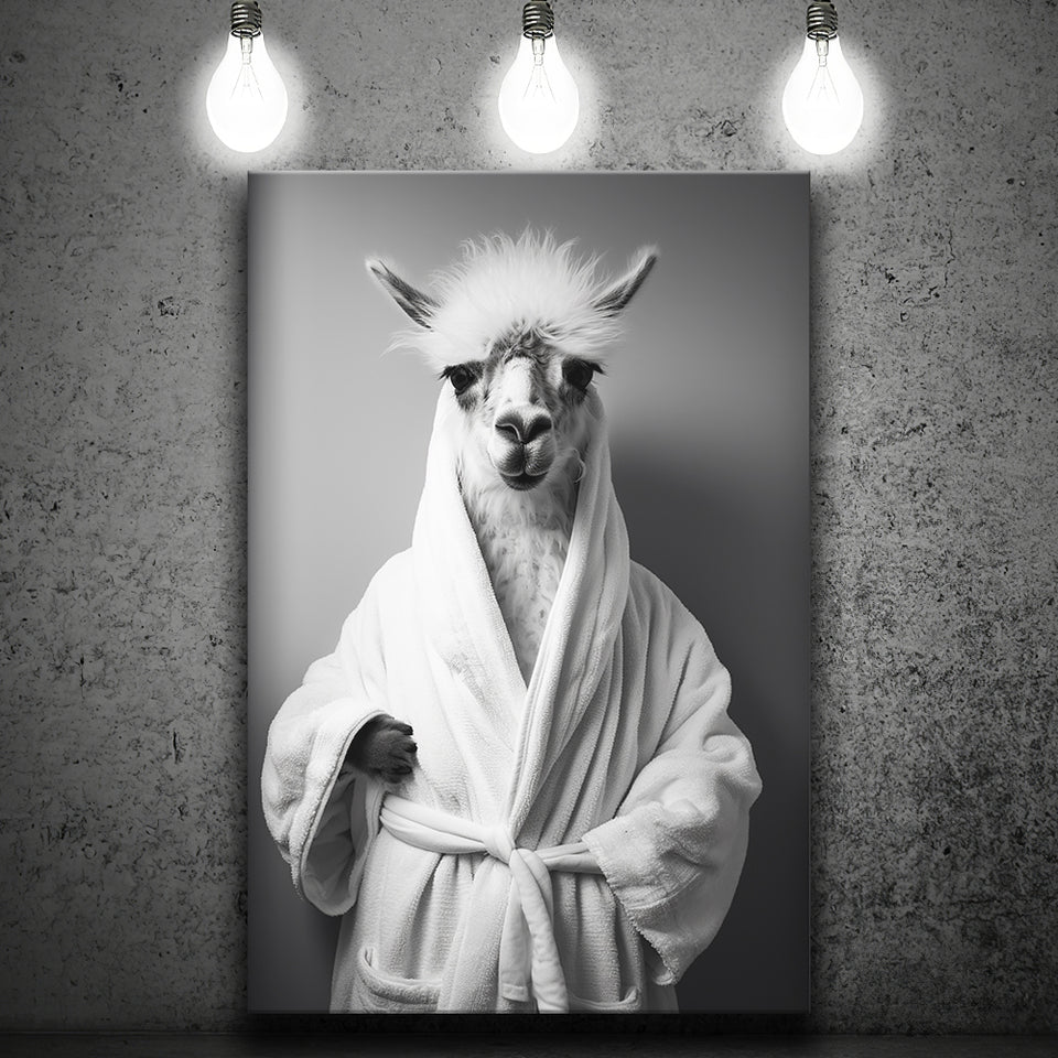 Lama Wearing Bathrobe In Bathroom Art Funny Llama V1, Painting Art, Canvas Prints Wall Art Home Decor