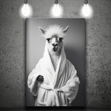 Lama Wearing Bathrobe In Bathroom Art Funny Llama V1, Painting Art, Canvas Prints Wall Art Home Decor