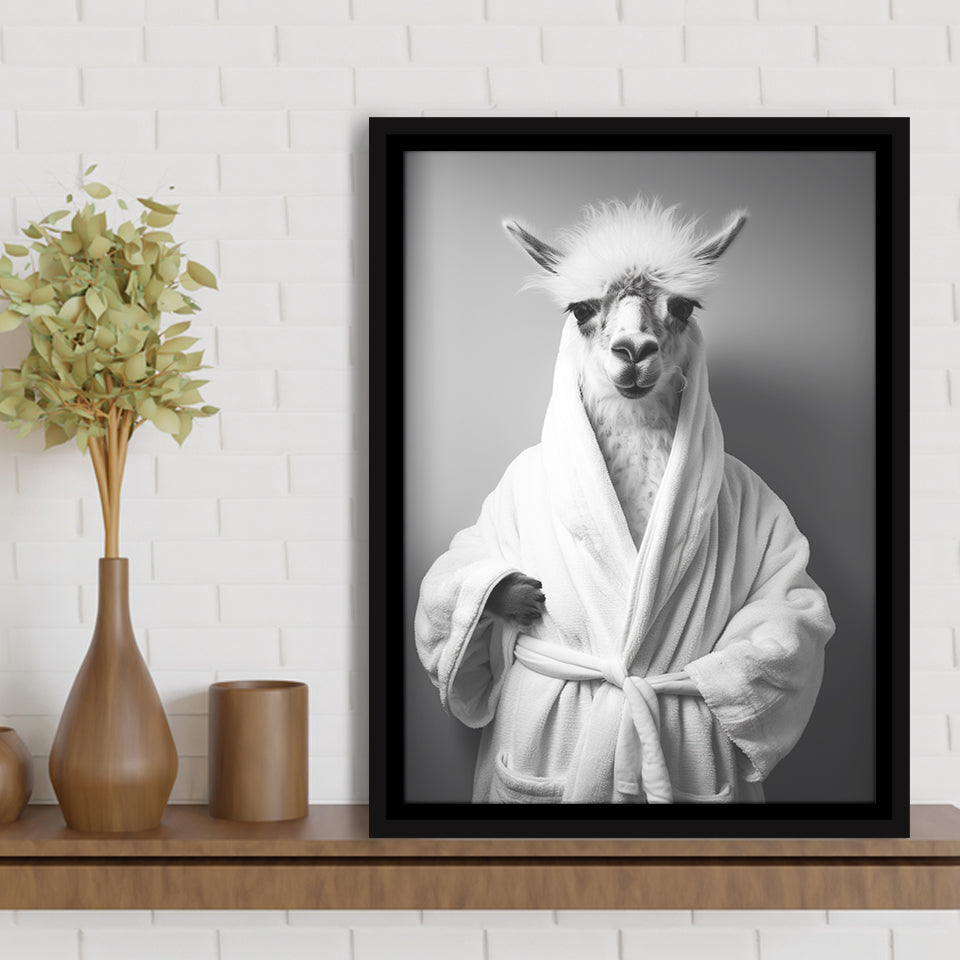 Lama Wearing Bathrobe In Bathroom Art Funny Llama V1,Framed Canvas Prints,Floating Frame, Wall Art Home Decor