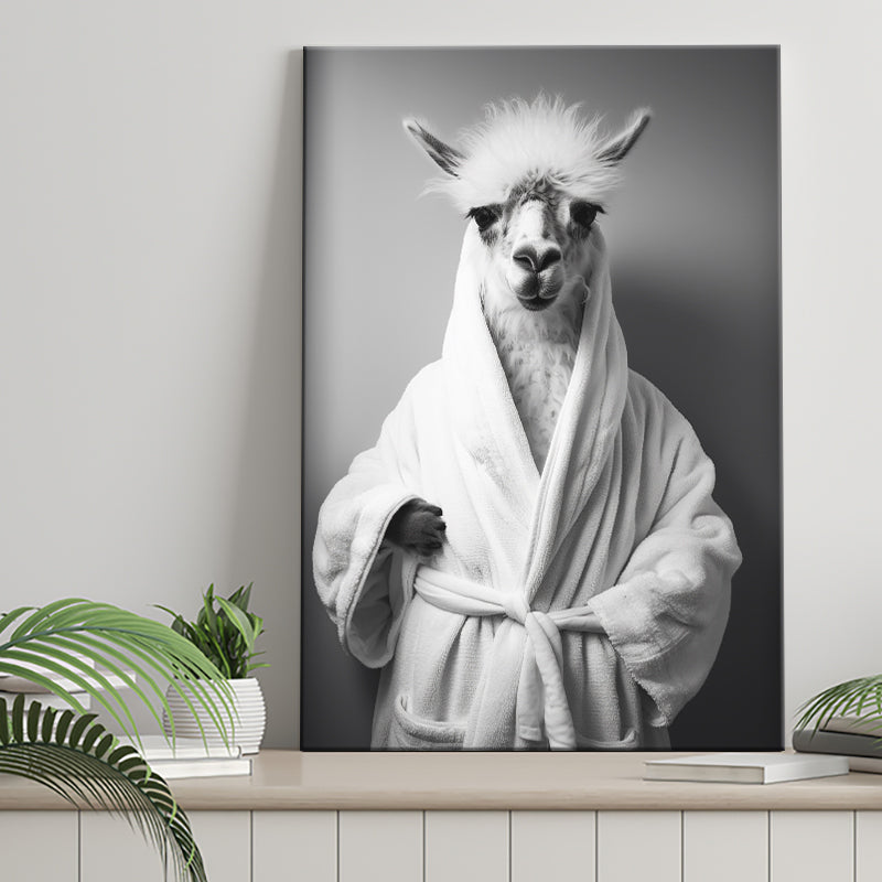Lama Wearing Bathrobe In Bathroom Art Funny Llama V1, Painting Art, Canvas Prints Wall Art Home Decor