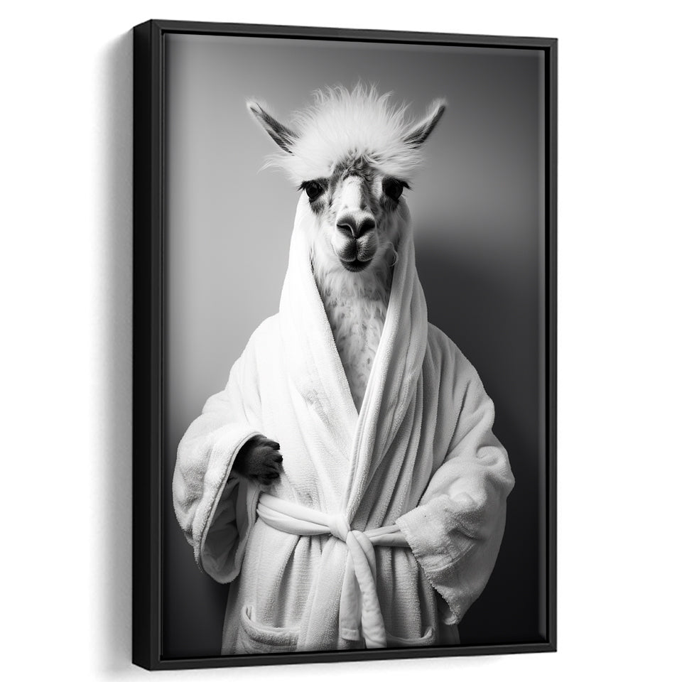 Lama Wearing Bathrobe In Bathroom Art Funny Llama V1,Framed Canvas Prints,Floating Frame, Wall Art Home Decor