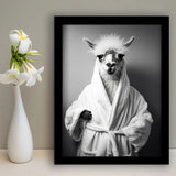 Lama Wearing Bathrobe In Bathroom Art Funny Llama V1, Painting Art, Framed Art Prints Wall Decor