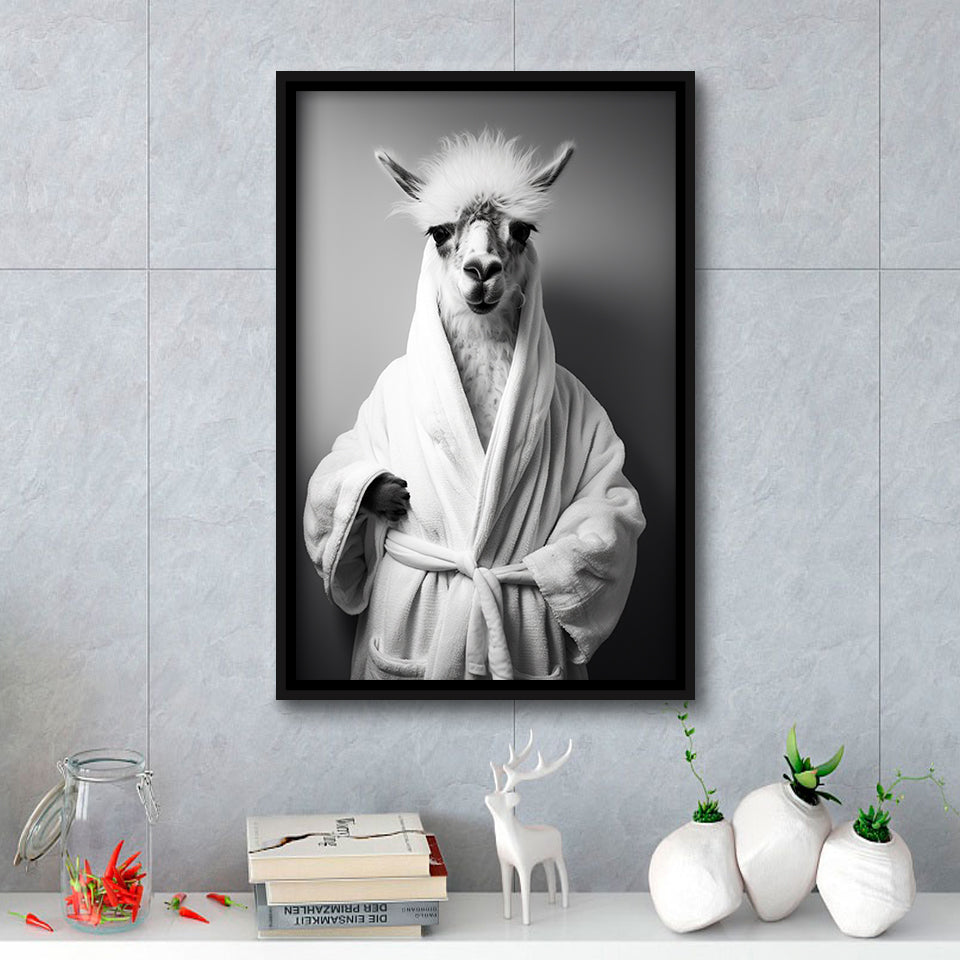Lama Wearing Bathrobe In Bathroom Art Funny Llama V1,Framed Canvas Prints,Floating Frame, Wall Art Home Decor