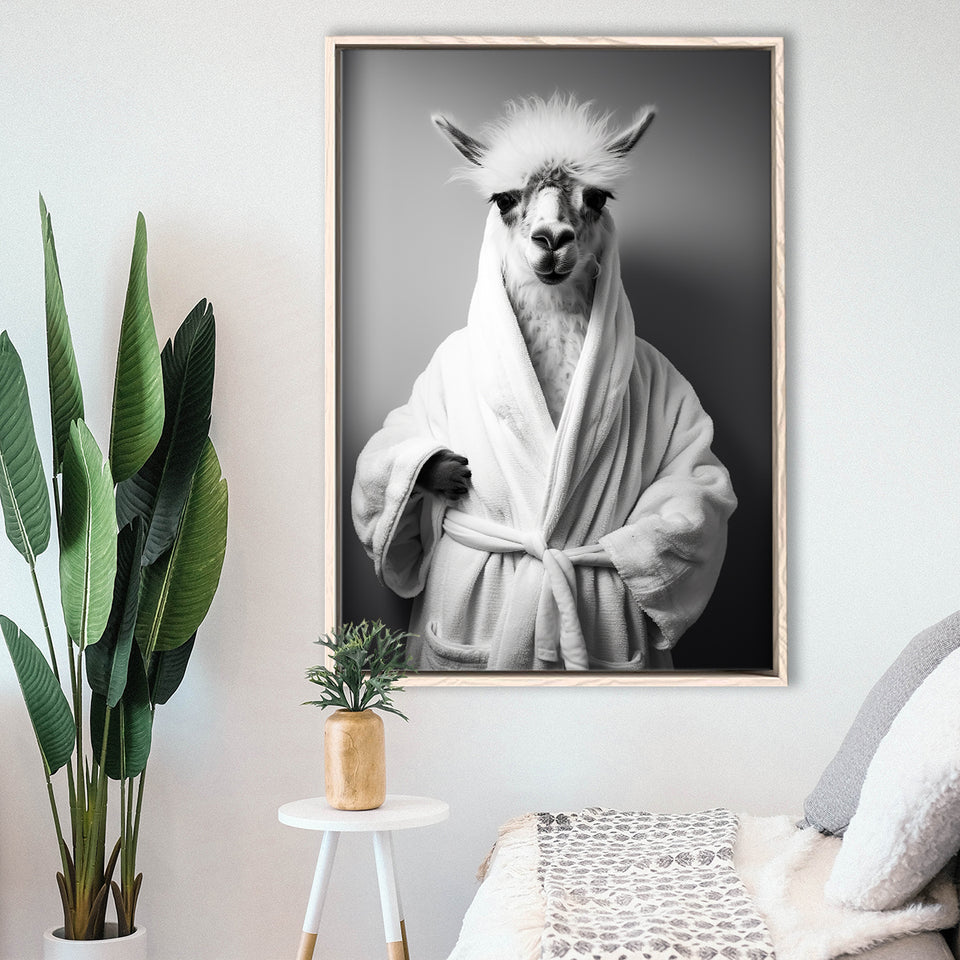 Lama Wearing Bathrobe In Bathroom Art Funny Llama V1,Framed Canvas Prints,Floating Frame, Wall Art Home Decor