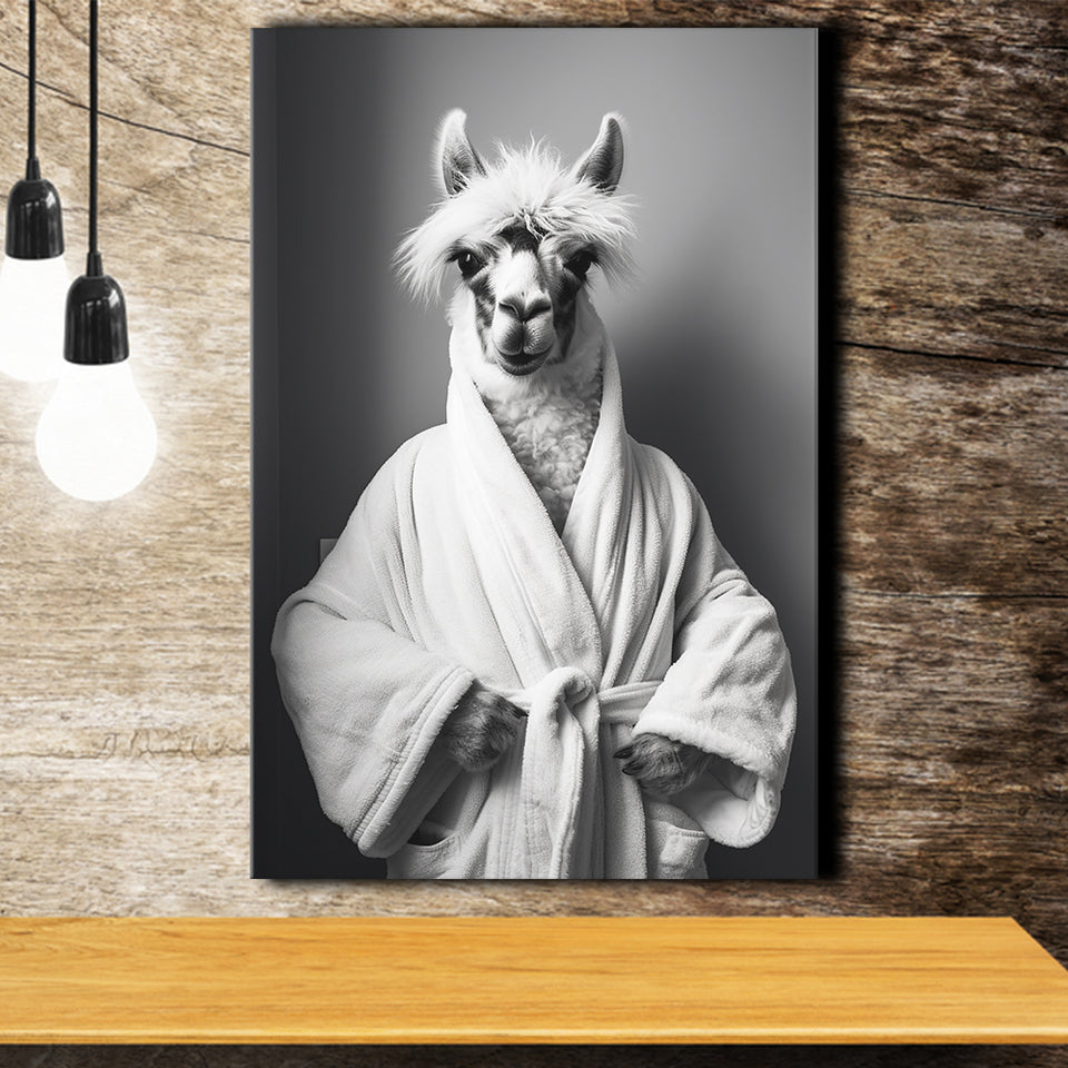 Lama Wearing Bathrobe In Bathroom Art Funny Llama V2, Painting Art, Canvas Prints Wall Art Home Decor