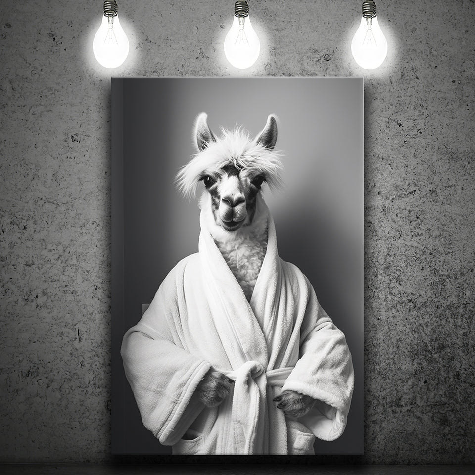 Lama Wearing Bathrobe In Bathroom Art Funny Llama V2, Painting Art, Canvas Prints Wall Art Home Decor