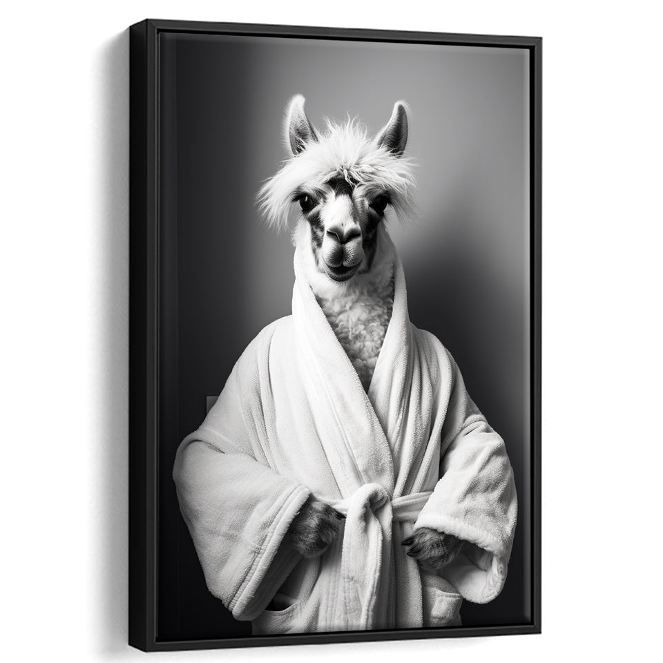 Lama Wearing Bathrobe In Bathroom Art Funny Llama V2,Framed Canvas Prints,Floating Frame, Wall Art Home Decor