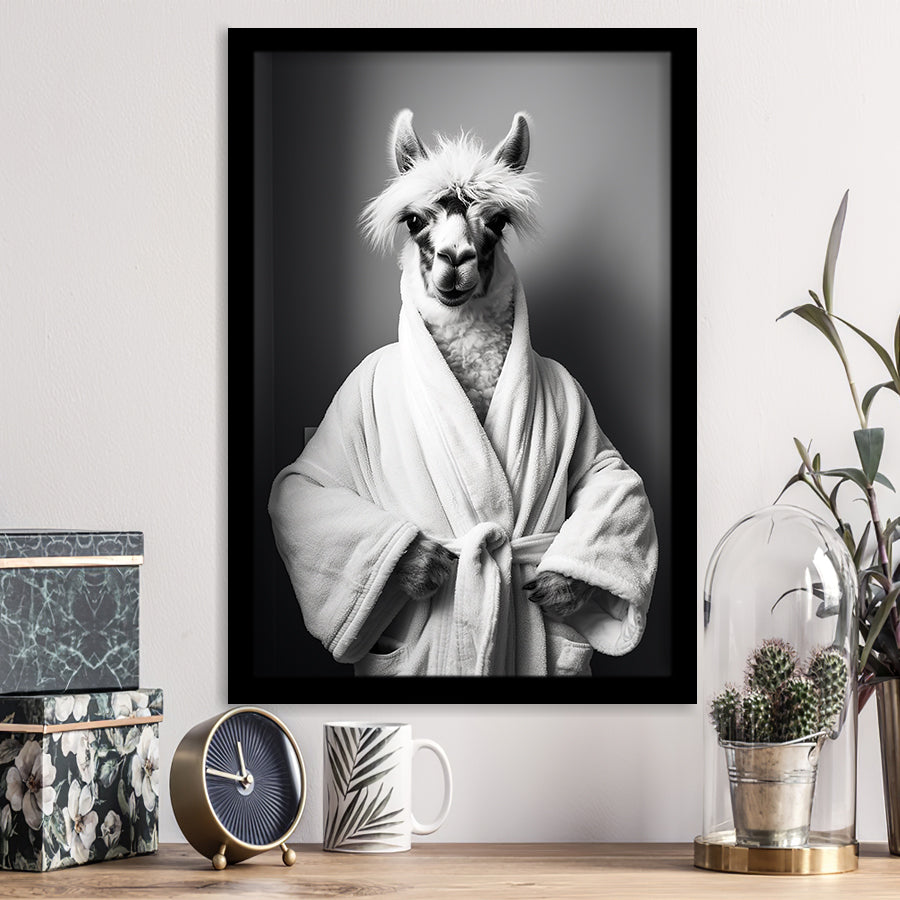 Lama Wearing Bathrobe In Bathroom Art Funny Llama V2, Painting Art, Framed Art Prints Wall Decor