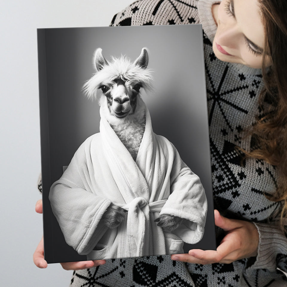 Lama Wearing Bathrobe In Bathroom Art Funny Llama V2, Painting Art, Canvas Prints Wall Art Home Decor
