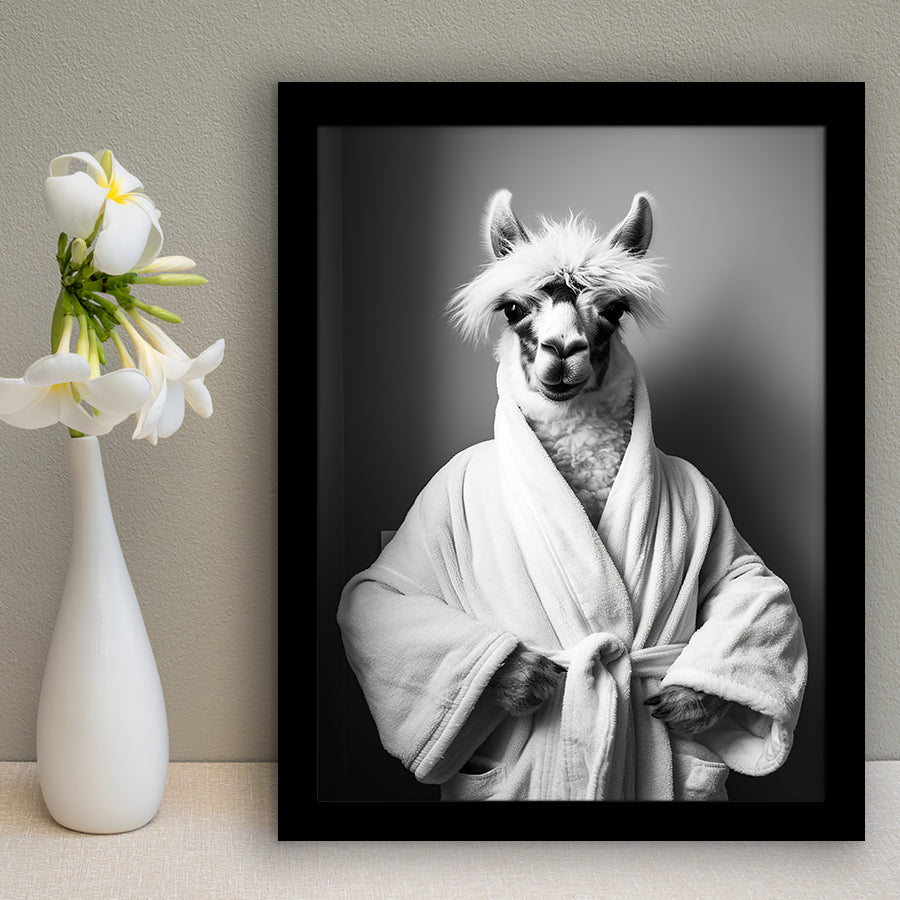 Lama Wearing Bathrobe In Bathroom Art Funny Llama V2, Painting Art, Framed Art Prints Wall Decor