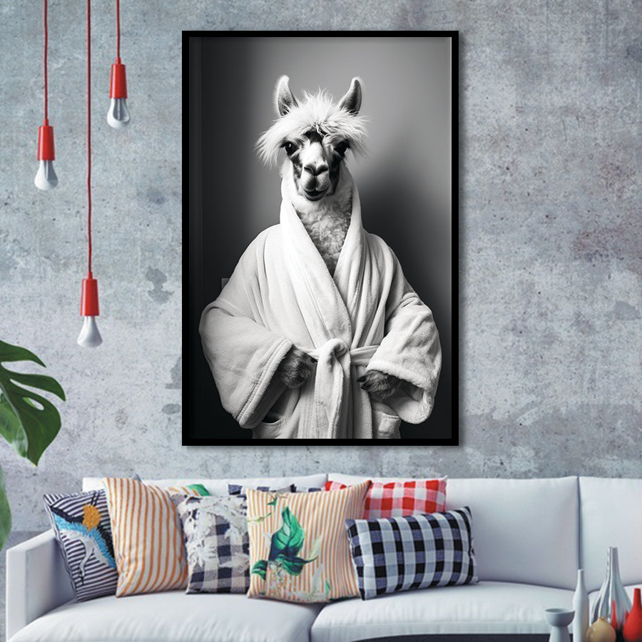 Lama Wearing Bathrobe In Bathroom Art Funny Llama V2, Painting Art, Framed Art Prints Wall Decor