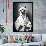Lama Wearing Bathrobe In Bathroom Art Funny Llama V2, Painting Art, Framed Art Prints Wall Decor