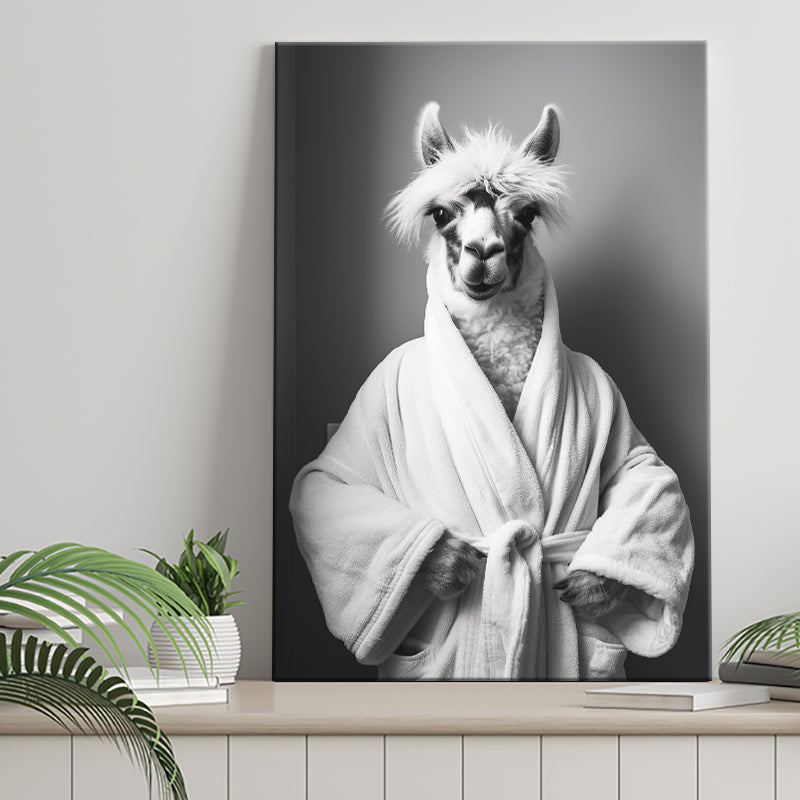 Lama Wearing Bathrobe In Bathroom Art Funny Llama V2, Painting Art, Canvas Prints Wall Art Home Decor
