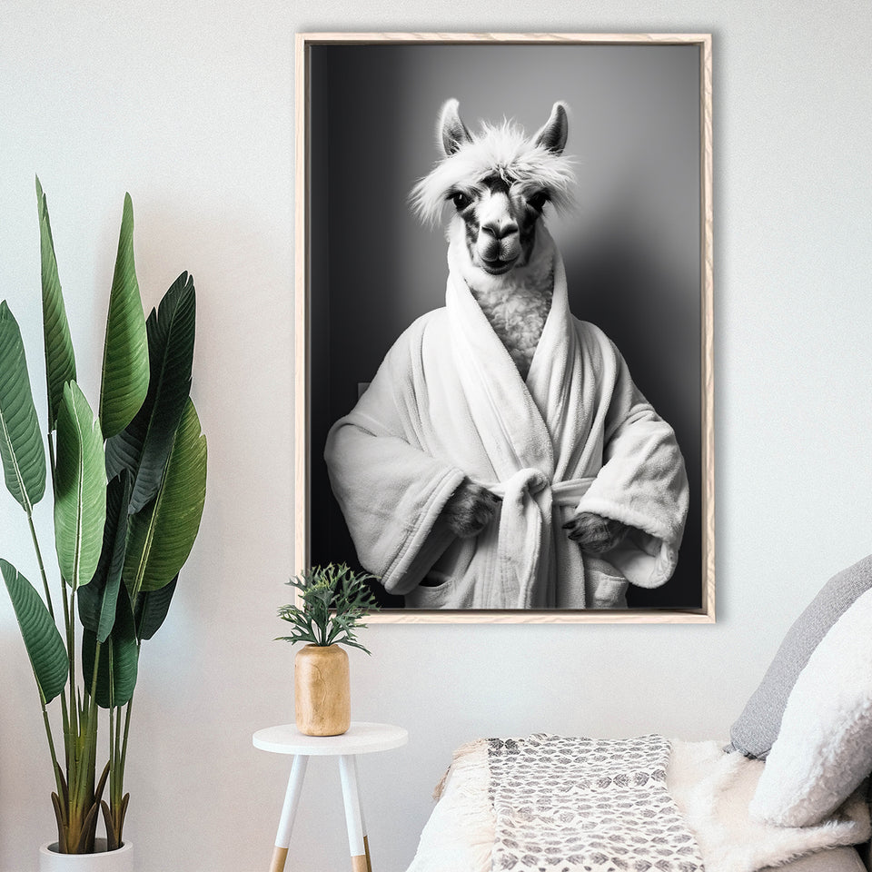 Lama Wearing Bathrobe In Bathroom Art Funny Llama V2,Framed Canvas Prints,Floating Frame, Wall Art Home Decor