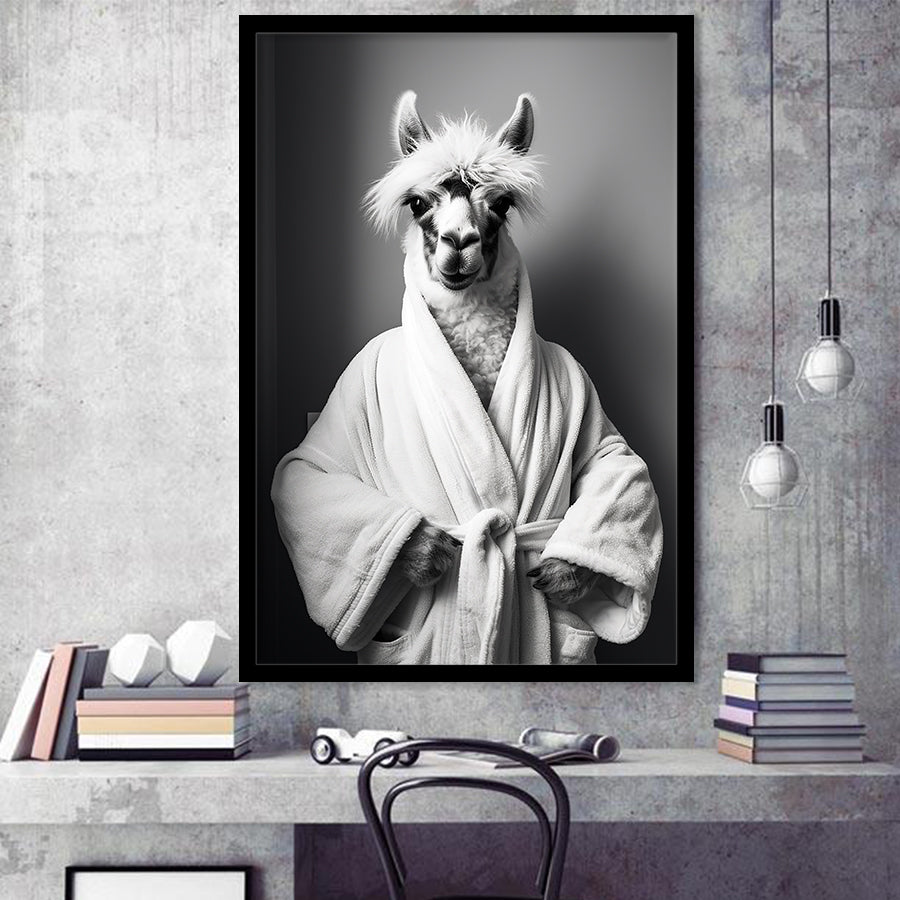 Lama Wearing Bathrobe In Bathroom Art Funny Llama V2, Painting Art, Framed Art Prints Wall Decor