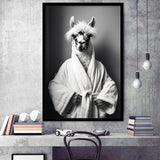 Lama Wearing Bathrobe In Bathroom Art Funny Llama V2, Painting Art, Framed Art Prints Wall Decor