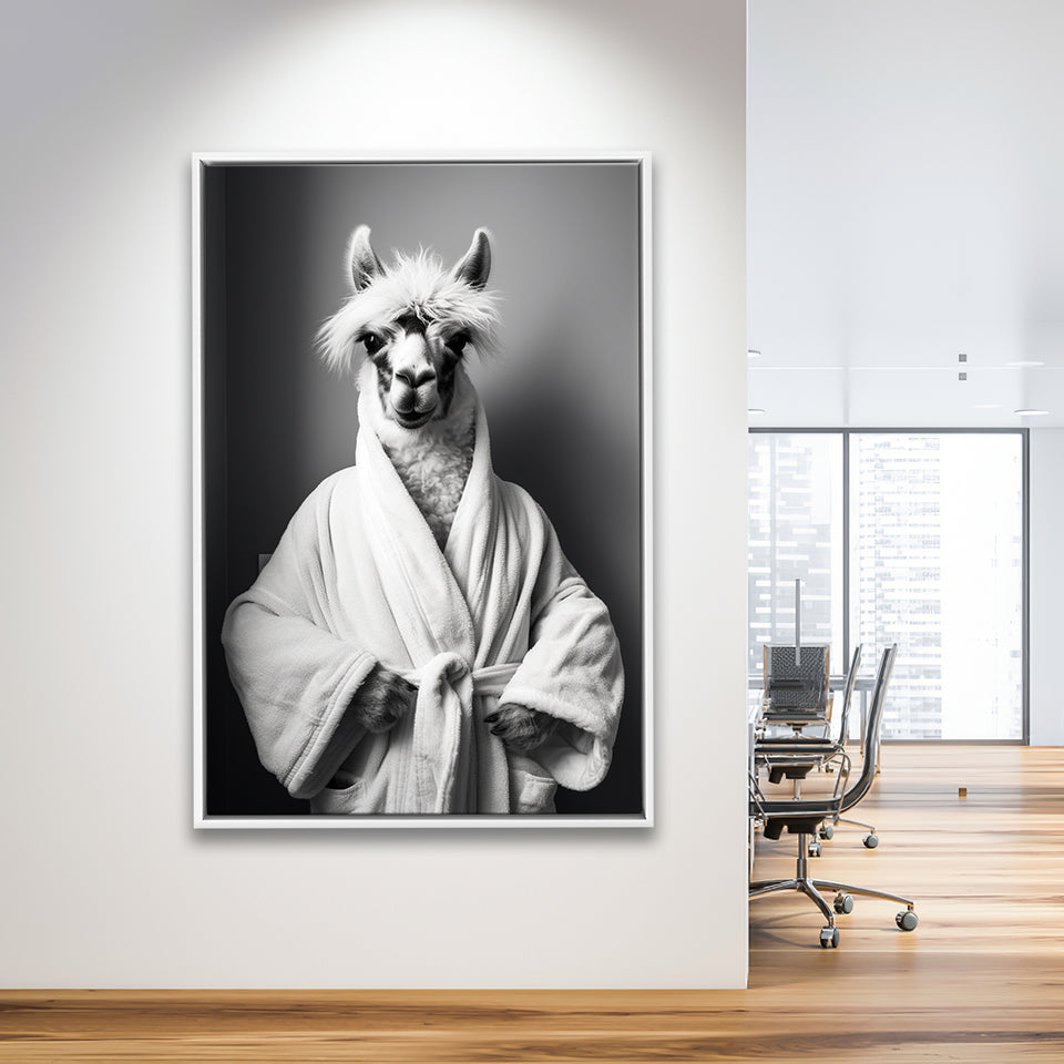 Lama Wearing Bathrobe In Bathroom Art Funny Llama V2,Framed Canvas Prints,Floating Frame, Wall Art Home Decor