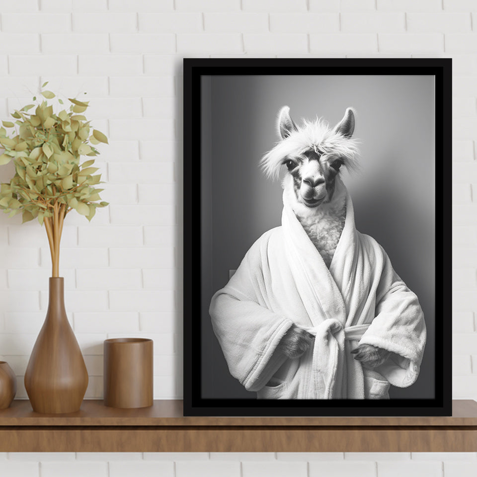 Lama Wearing Bathrobe In Bathroom Art Funny Llama V2,Framed Canvas Prints,Floating Frame, Wall Art Home Decor