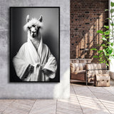 Lama Wearing Bathrobe In Bathroom Art Funny Llama V2,Framed Canvas Prints,Floating Frame, Wall Art Home Decor