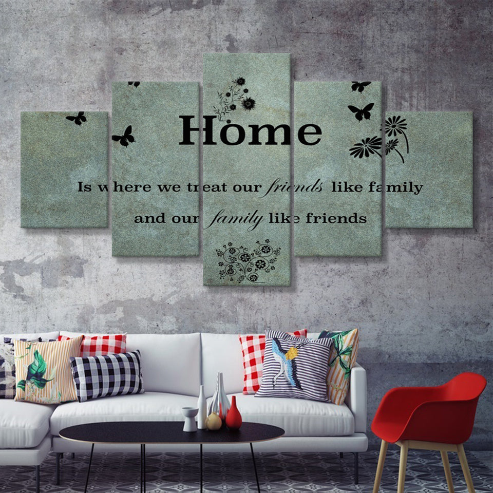 Large Home Quote Family Friends Faded Teal 5 Piece Canvas Prints Wall Art - Painting Prints, Wall Decor,Multi Panel