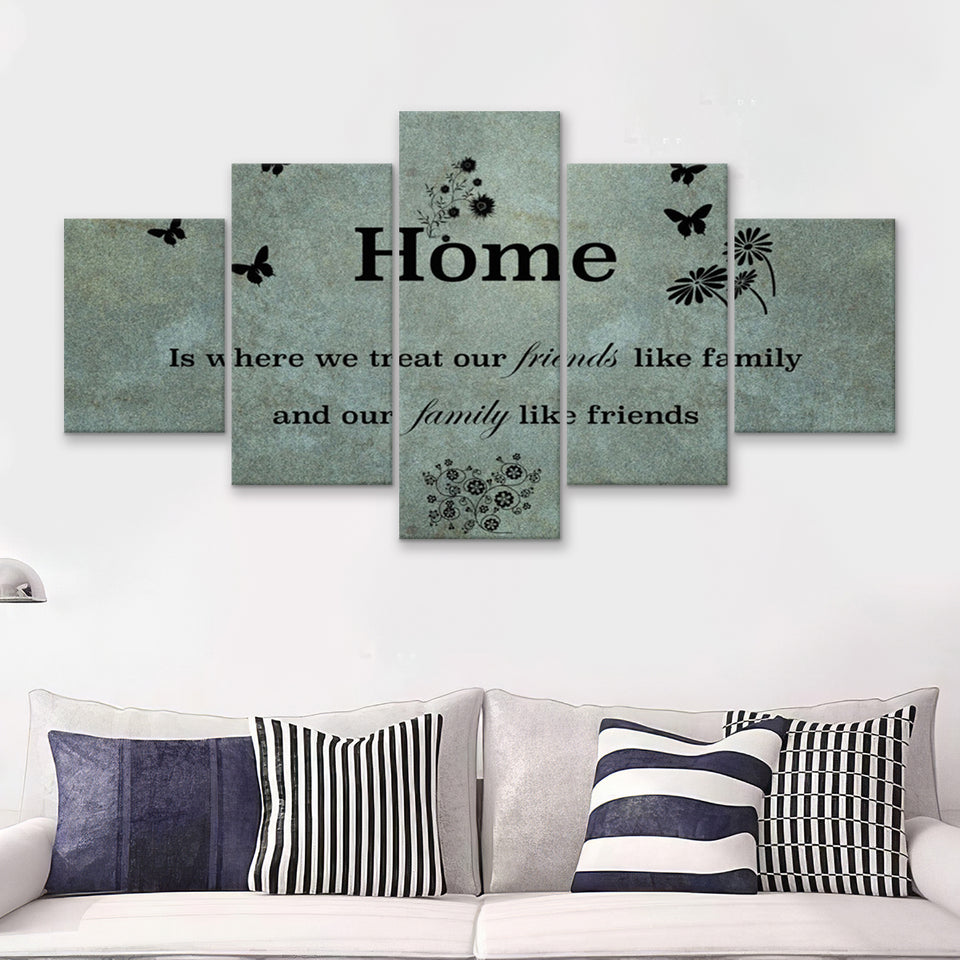 Large Home Quote Family Friends Faded Teal 5 Piece Canvas Prints Wall Art - Painting Prints, Wall Decor,Multi Panel