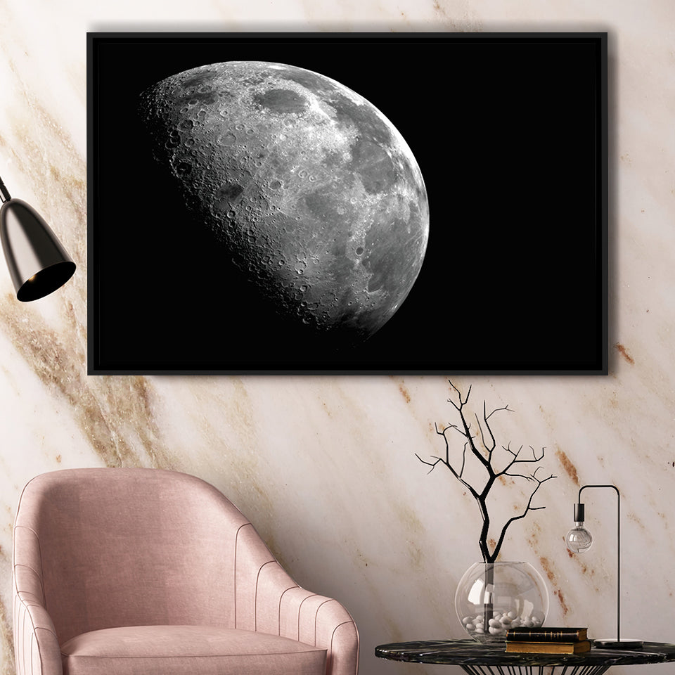 Large Moon Canvas Art, Black and White Moon Photo Framed Canvas Prints Wall Art Decor, Black Floating Frame