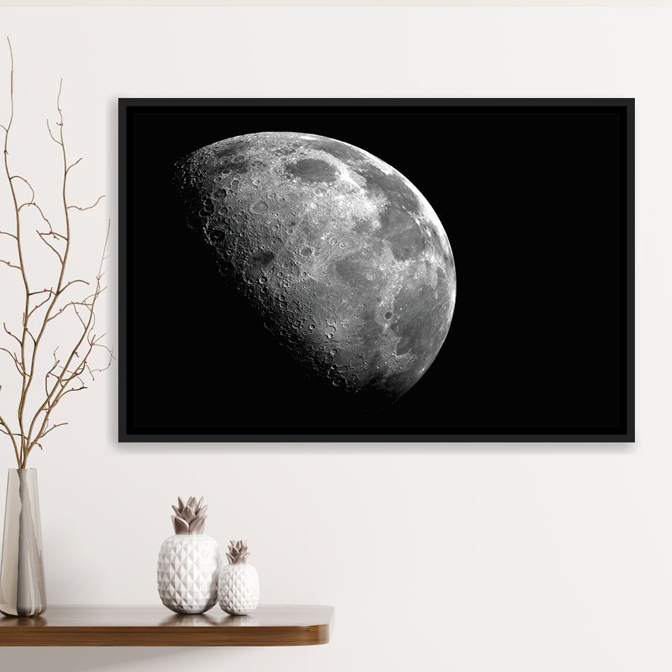Large Moon Canvas Art, Black and White Moon Photo Framed Canvas Prints Wall Art Decor, Black Floating Frame