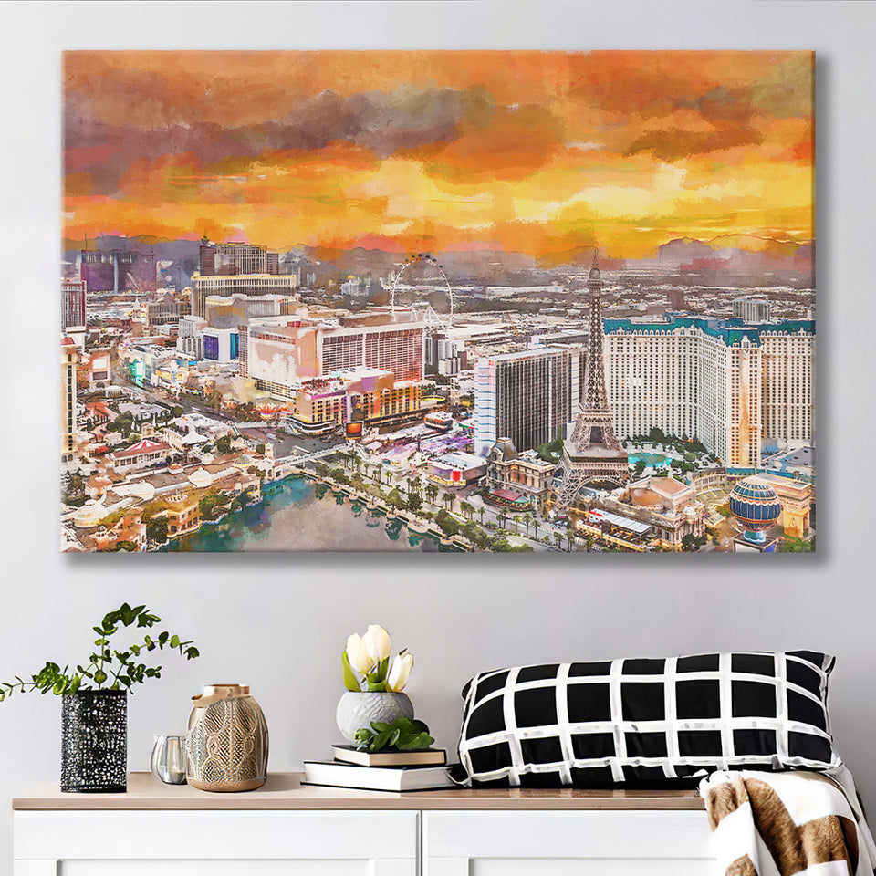 Las Vegas Nevada Usa Skyline Over V1 City Art Watercolor Canvas Prints Wall Art Home Decor, Large Canvas
