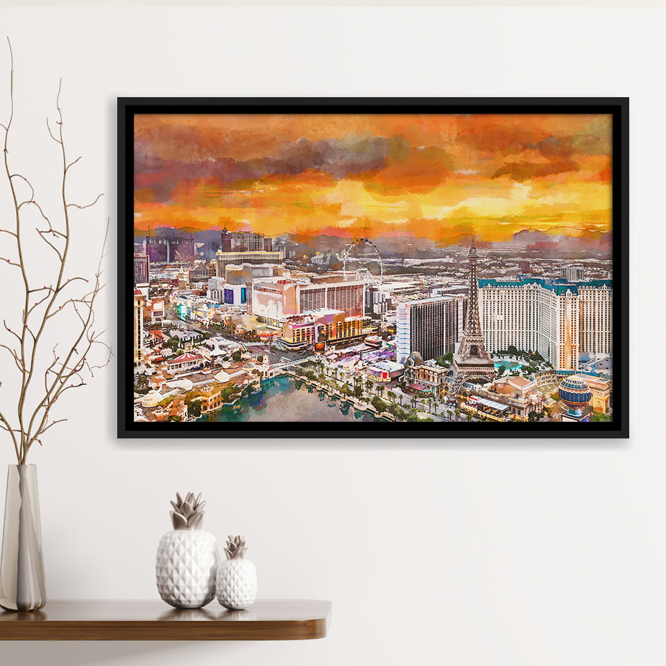 Las Vegas Nevada Usa Skyline Over V1 City Art Watercolor Framed Canvas Prints Wall Art Home Decor,Floating Frame