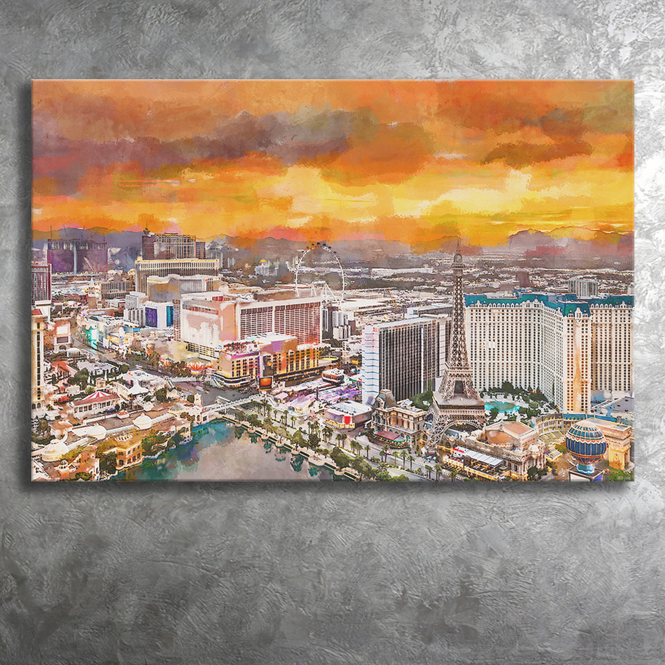 Las Vegas Nevada Usa Skyline Over V1 City Art Watercolor Canvas Prints Wall Art Home Decor, Large Canvas