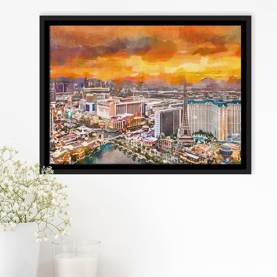 Las Vegas Nevada Usa Skyline Over V1 City Art Watercolor Framed Canvas Prints Wall Art Home Decor,Floating Frame