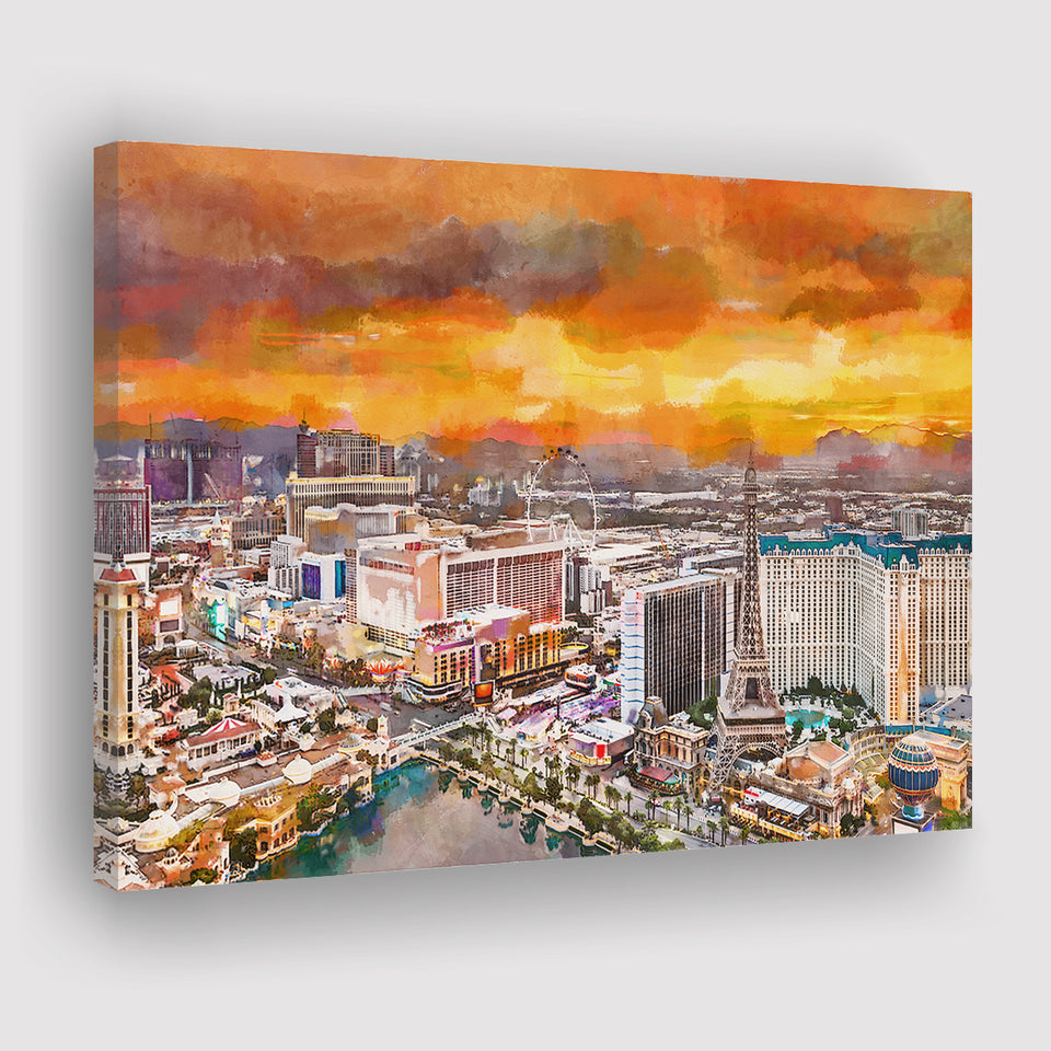Las Vegas Nevada Usa Skyline Over V1 City Art Watercolor Canvas Prints Wall Art Home Decor, Large Canvas