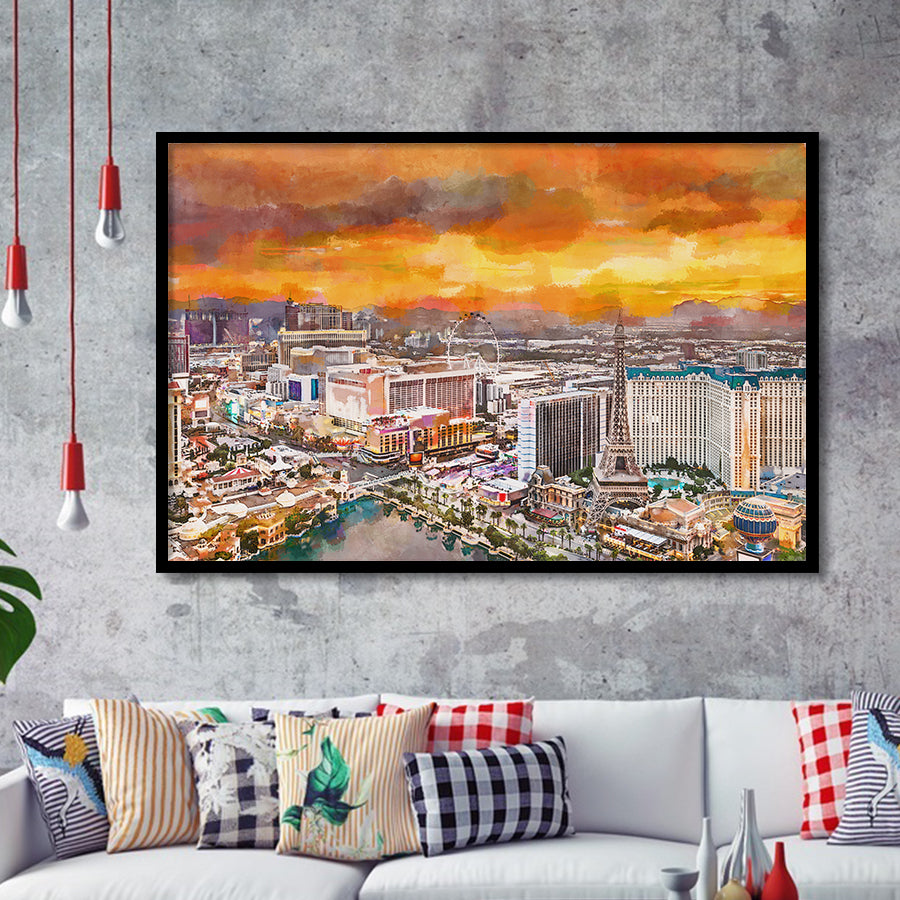 Las Vegas Nevada Usa Skyline Over V1 City Art Watercolor Framed Art Prints Wall Art Decor,Framed Picture