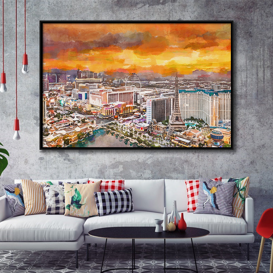 Las Vegas Nevada Usa Skyline Over V1 City Art Watercolor Framed Canvas Prints Wall Art Home Decor,Floating Frame