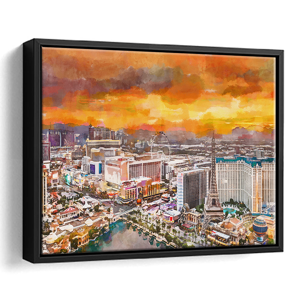 Las Vegas Nevada Usa Skyline Over V1 City Art Watercolor Framed Canvas Prints Wall Art Home Decor,Floating Frame