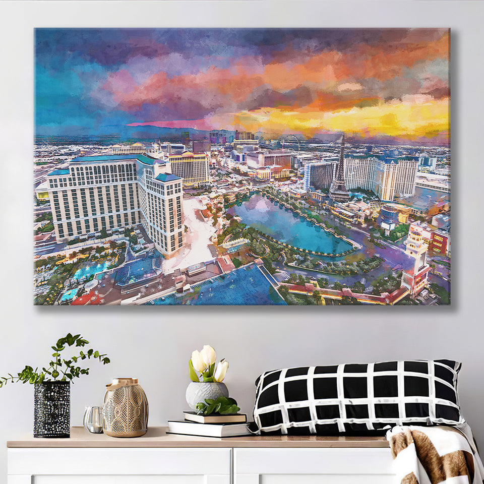 Las Vegas Nevada Usa Skyline Over V3 City Art Watercolor Canvas Prints Wall Art Home Decor, Large Canvas