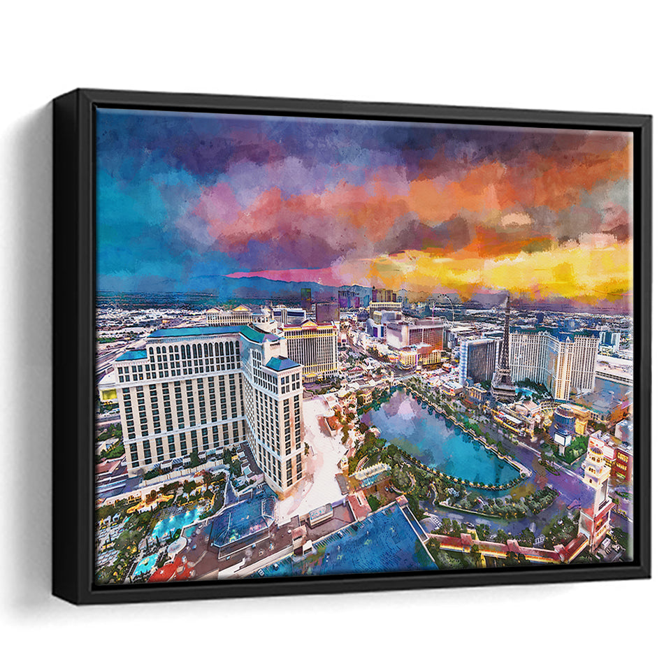 Las Vegas Nevada Usa Skyline Over V3 City Art Watercolor Framed Canvas Prints Wall Art Home Decor,Floating Frame