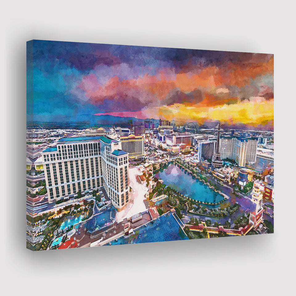Las Vegas Nevada Usa Skyline Over V3 City Art Watercolor Canvas Prints Wall Art Home Decor, Large Canvas
