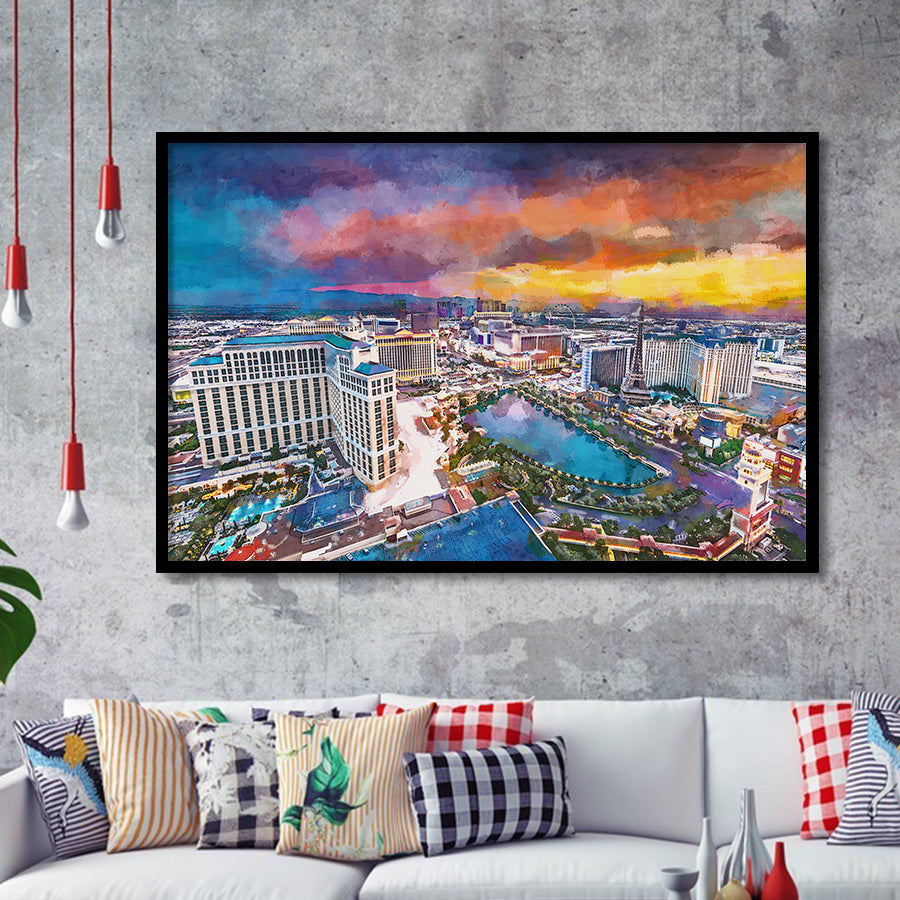 Las Vegas Nevada Usa Skyline Over V3 City Art Watercolor Framed Art Prints Wall Art Decor,Framed Picture