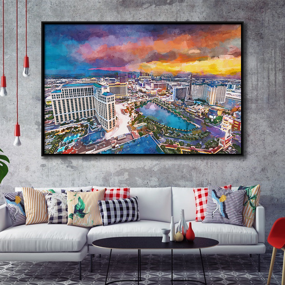 Las Vegas Nevada Usa Skyline Over V3 City Art Watercolor Framed Canvas Prints Wall Art Home Decor,Floating Frame