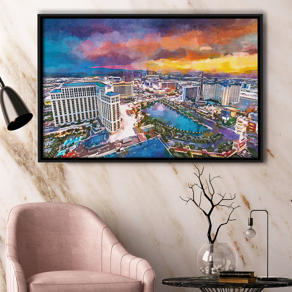 Las Vegas Nevada Usa Skyline Over V3 City Art Watercolor Framed Canvas Prints Wall Art Home Decor,Floating Frame