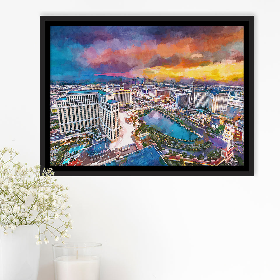 Las Vegas Nevada Usa Skyline Over V3 City Art Watercolor Framed Canvas Prints Wall Art Home Decor,Floating Frame